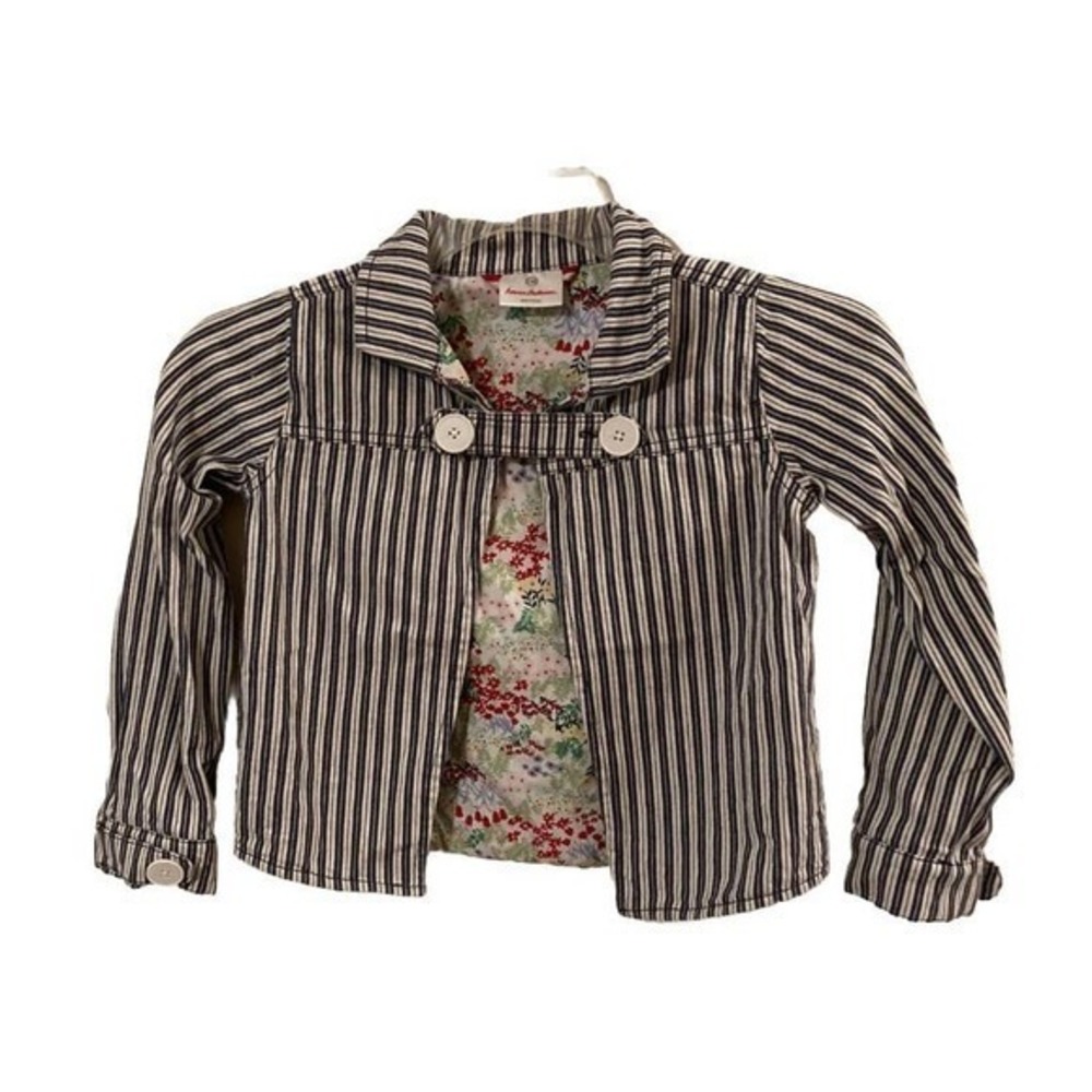 Hanna Andersson Jacket Girls Blue Ticking Striped Button Floral‎ Lining 130/8